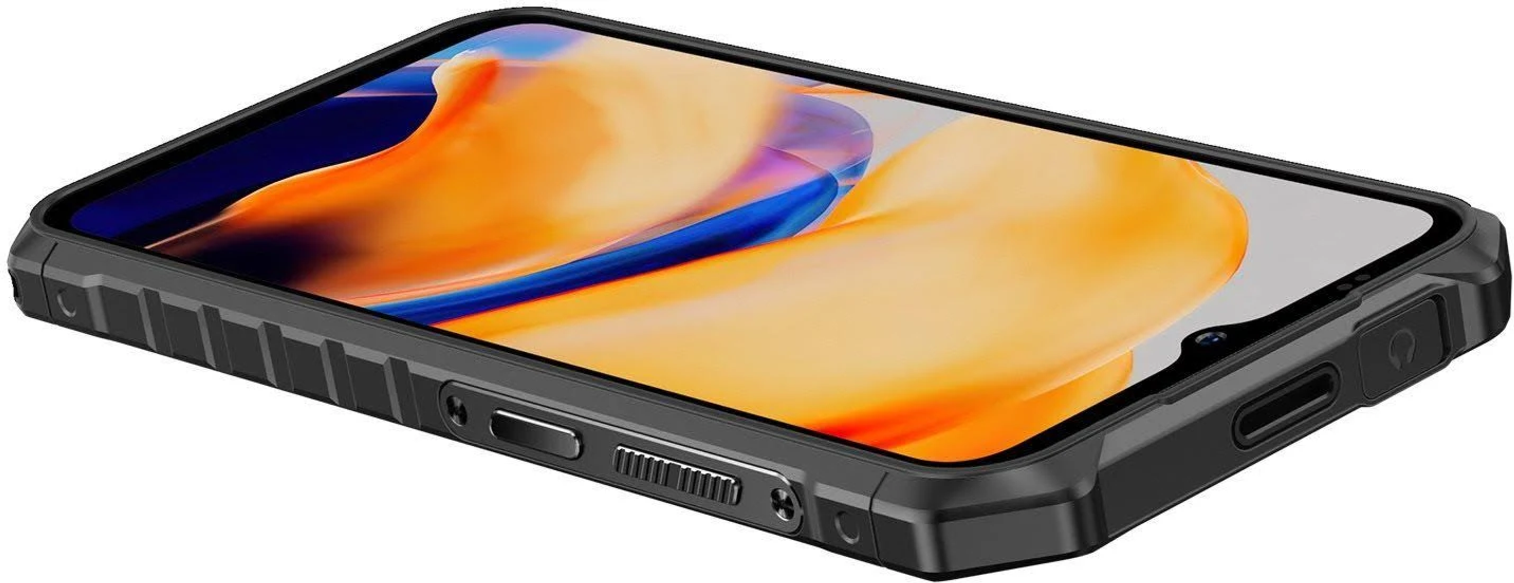 Czarne etui na telefon o wytrzymałej konstrukcji. Telefon jest w etui.