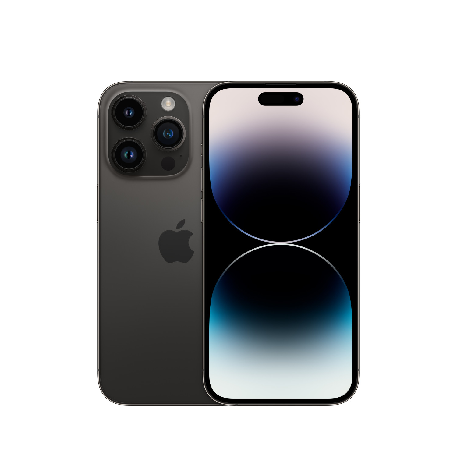 Czarny iPhone Pro z trzema aparatami z tyłu i ekranem z przodu, na białym tle.