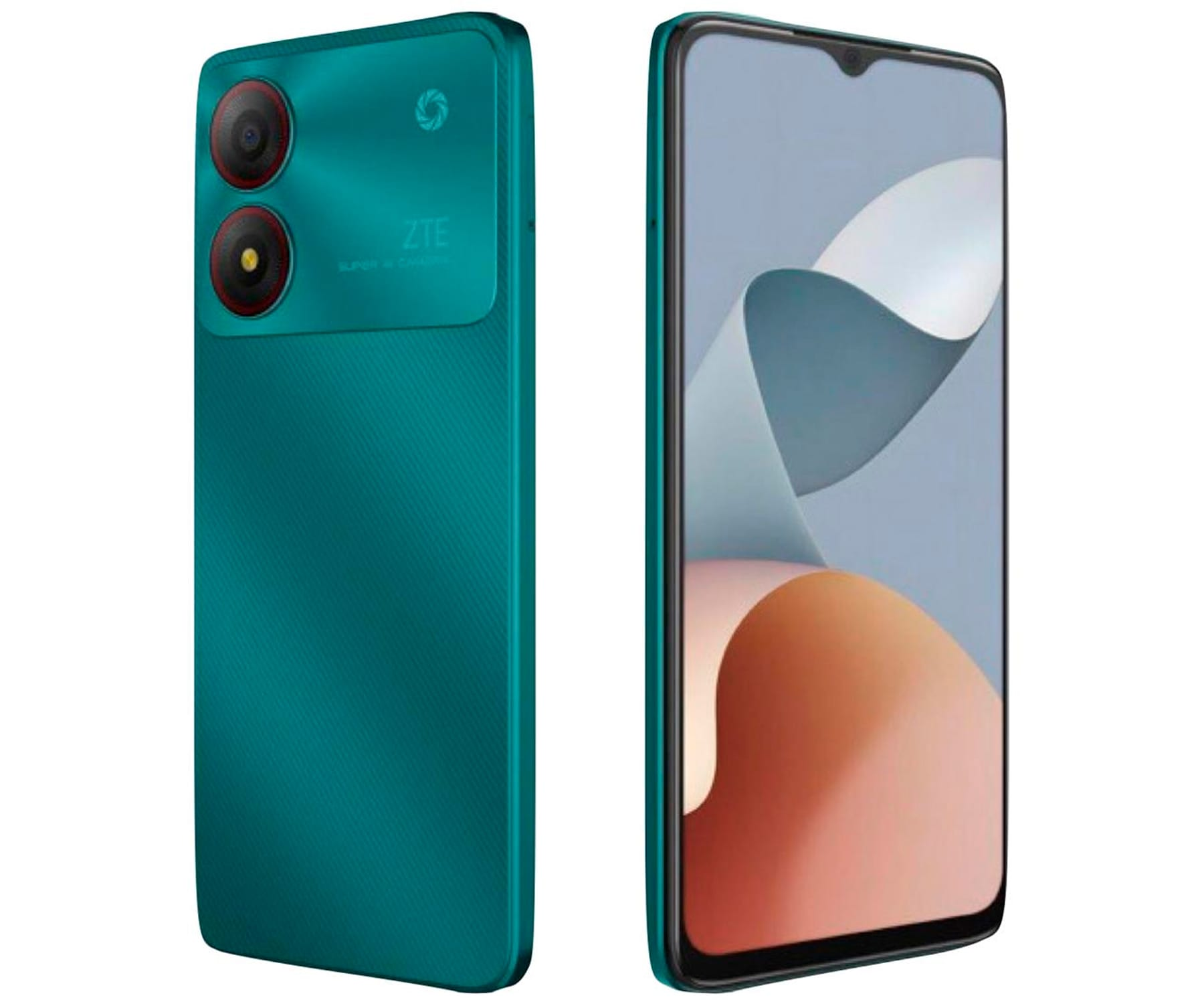 Dos teléfonos. Uno es turquesa con cámara dual. El otro muestra el frente.