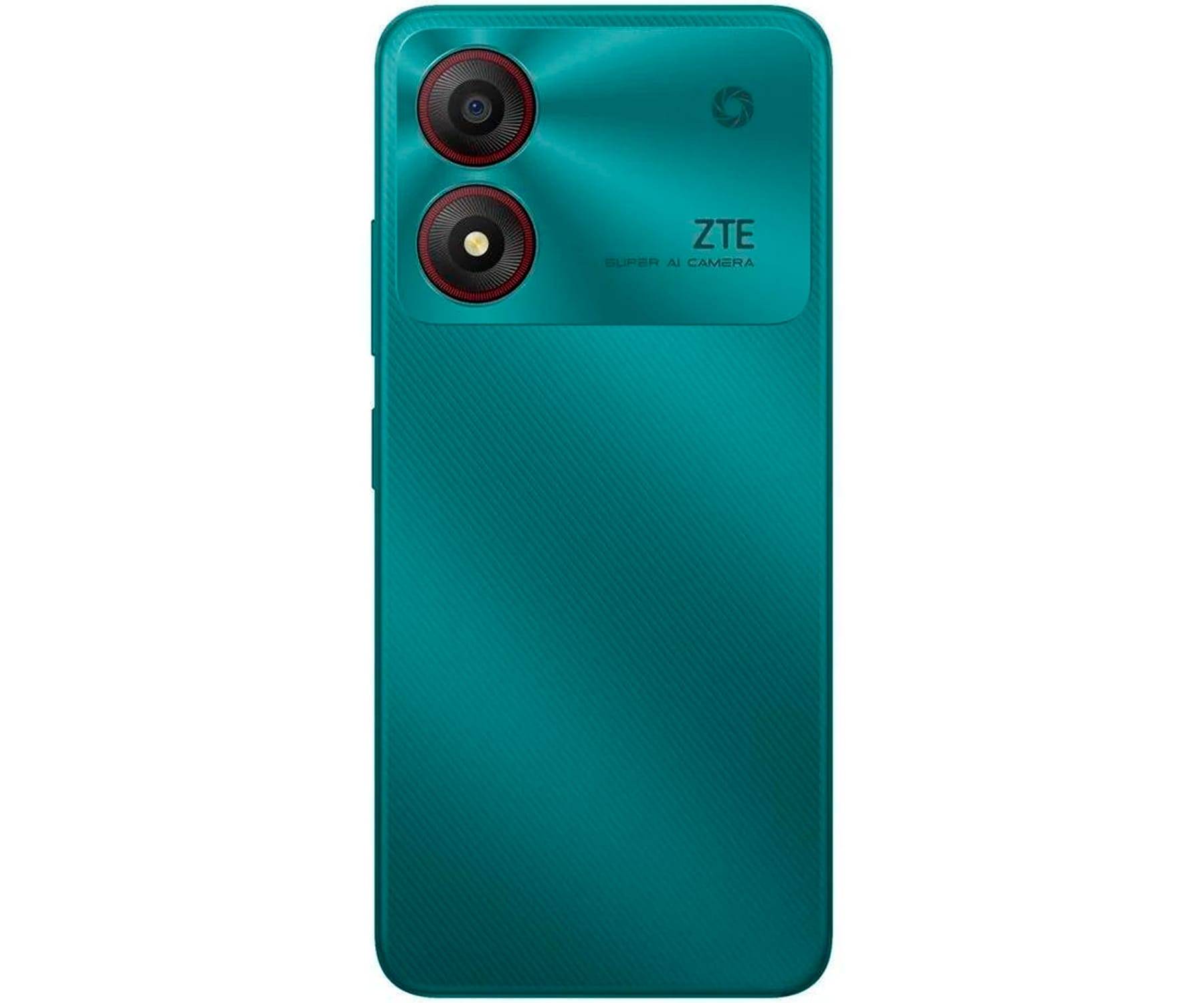 Smartphone ZTE turquesa con lentes de cámara dual y el logotipo de ZTE.