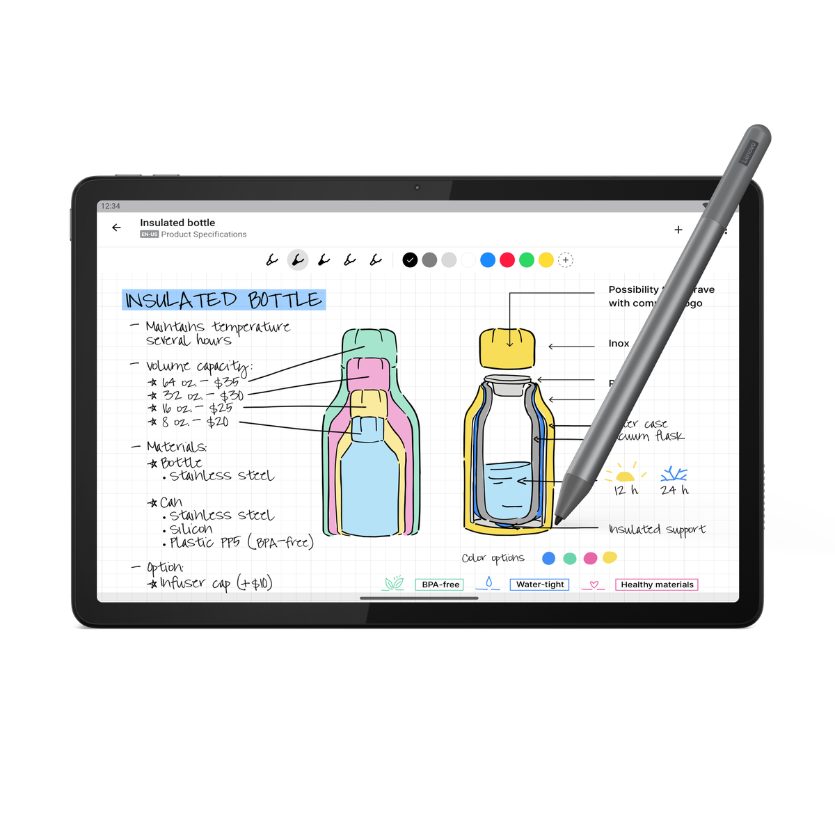Tablet z rysunkiem butelki termicznej. Pióro jest na ekranie.