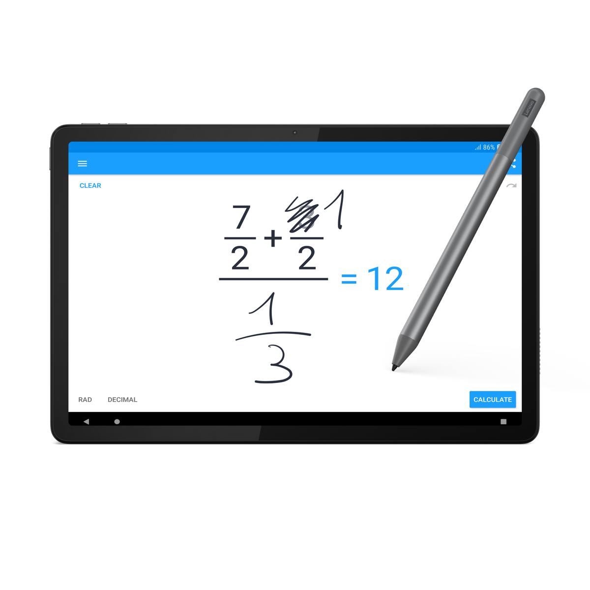 Tablet wyświetla zadanie matematyczne z piórem. Odpowiedź to 12. Niebieskie tło.
