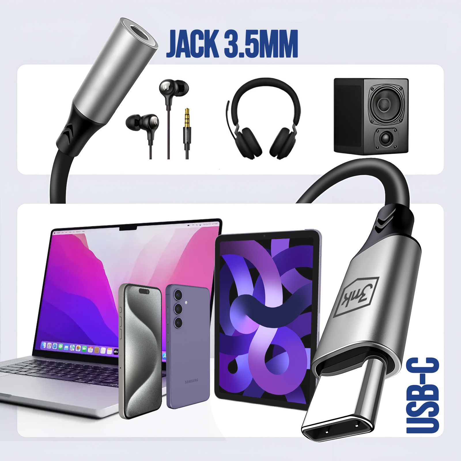 Obraz przedstawiający różne urządzenia elektroniczne: słuchawki, głośniki, telefony, tablety i kabel USB-C.