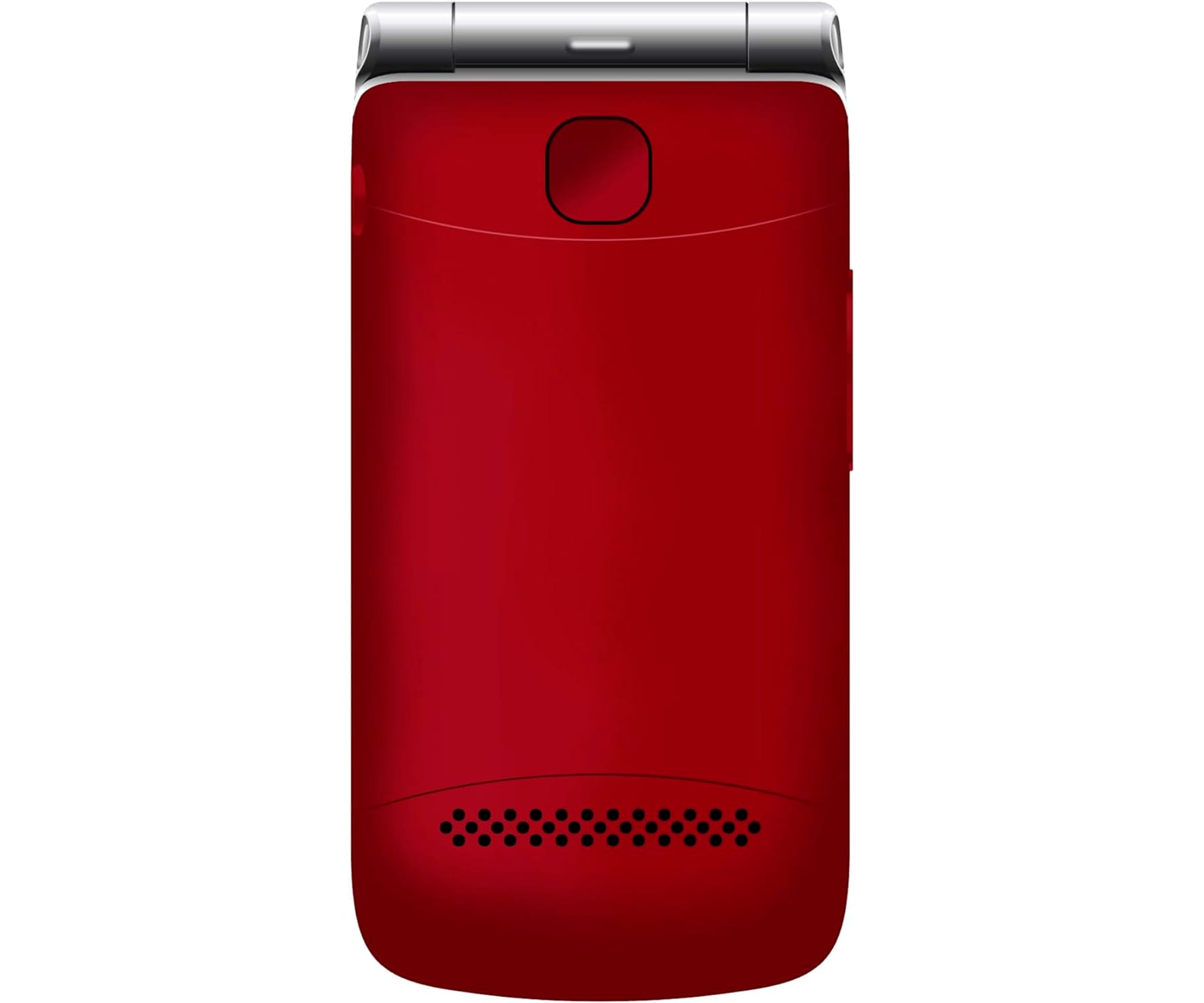 Teléfono rojo plegable, cerrado, mostrando la parte trasera.