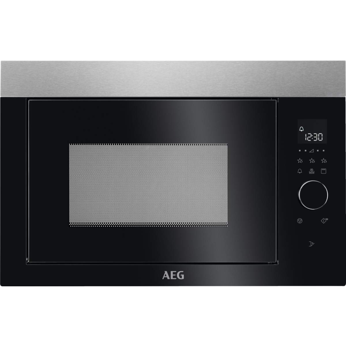 Horno microondas negro con pantalla digital. Acero inoxidable arriba.