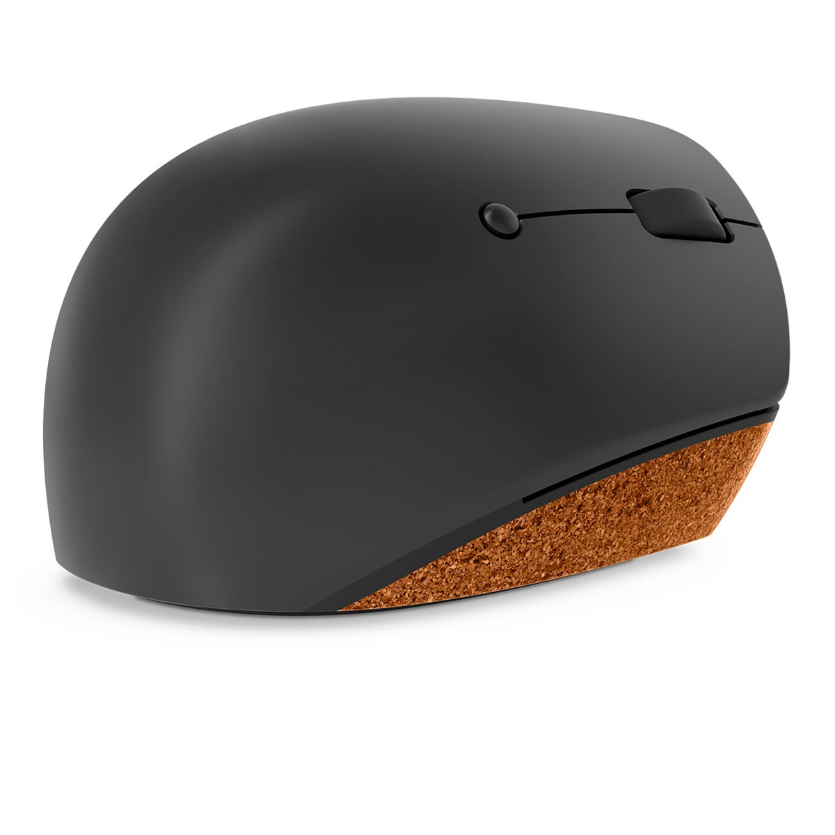 Czarna mysz komputerowa z korkowym spodem, na białym tle.