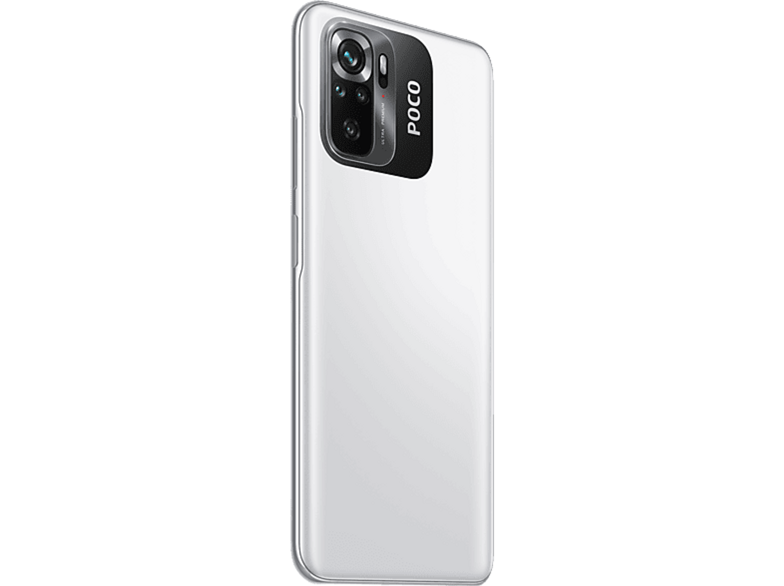 Biały smartfon z aparatem i napisem POCO z boku.