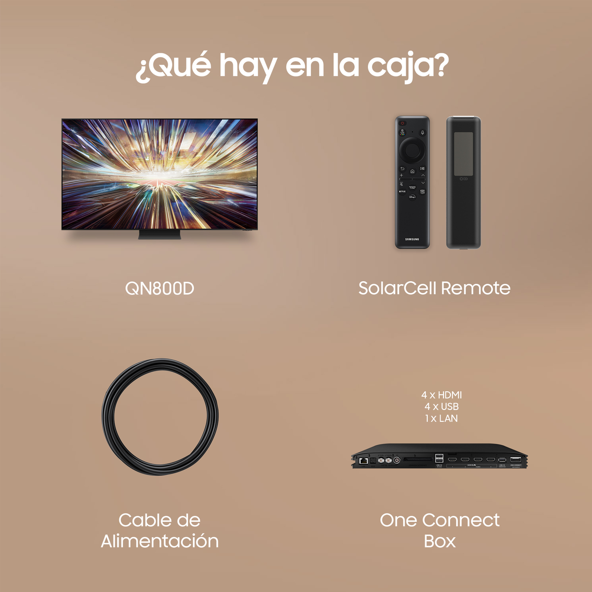 Telewizor, pilot, kabel i One Connect Box na jasnobrązowym tle.