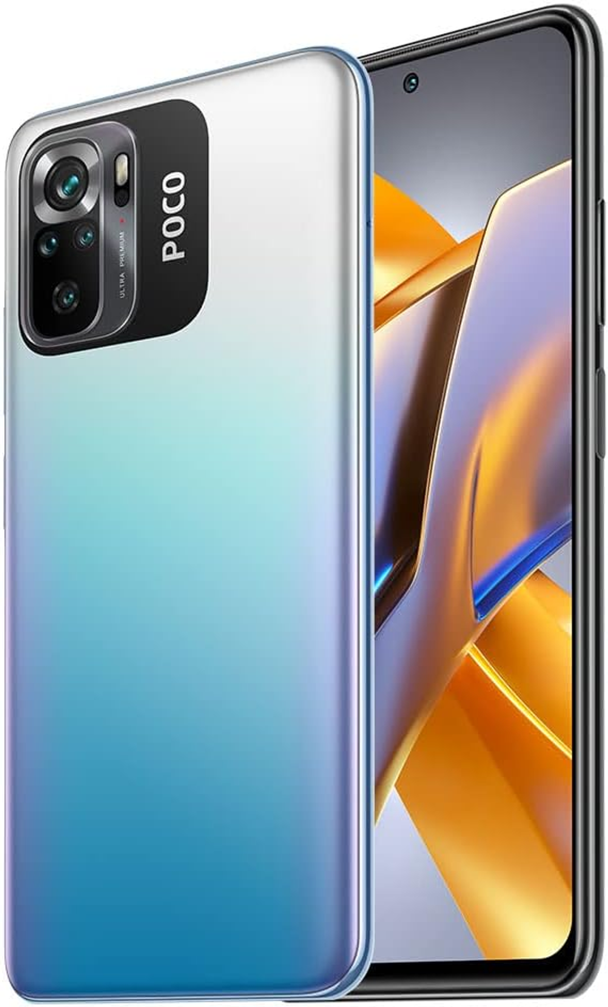 Ein POCO-Telefon mit blauem und weißem Farbverlauf, mit mehreren Linsen.