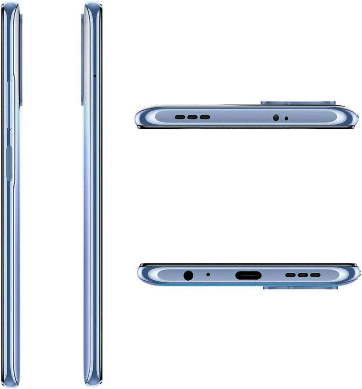 Mehrere Ansichten eines blauen Smartphones: Profil, Seite und oben/unten, vor weißem Hintergrund.