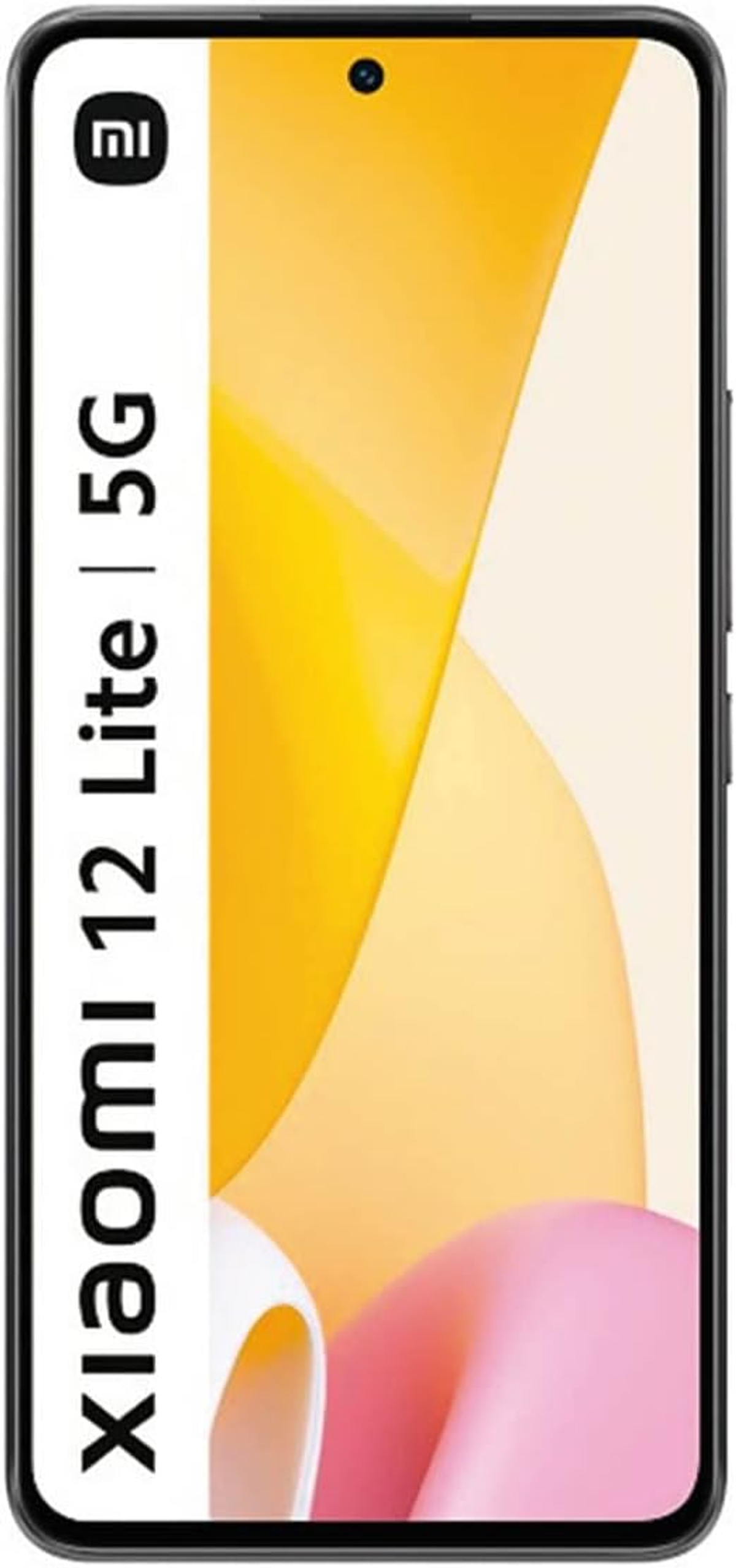 Telefon Xiaomi 12 Lite 5G z kolorowym tłem, widok portretowy.