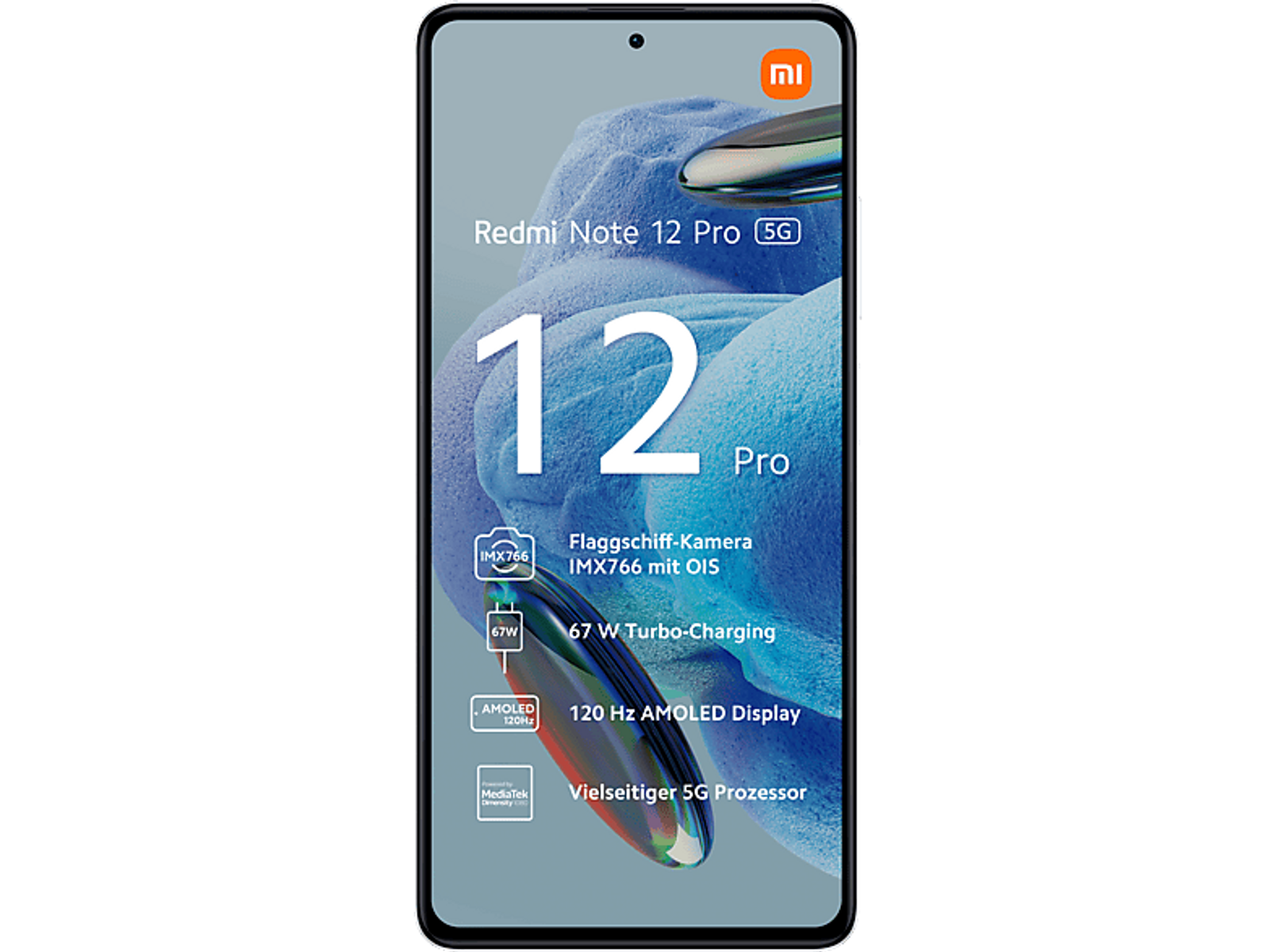 Smartfon Xiaomi Redmi Note 12 Pro 5G, wyświetlający swoje funkcje i specyfikacje.
