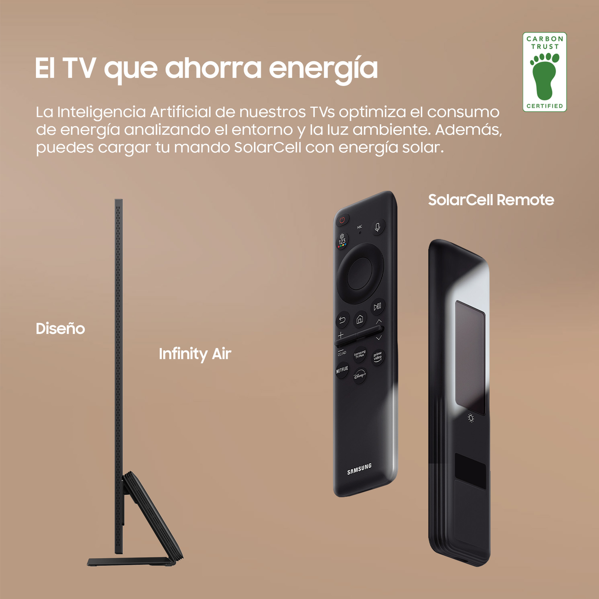 Telewizor z pilotem. Tekst w języku hiszpańskim: El TV que ahorra energía. Beżowe tło.