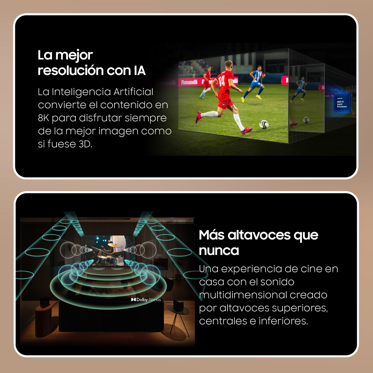 Dwa obrazy pokazujące ekran telewizora. Jeden pokazuje mecz piłki nożnej; drugi pokazuje konfigurację kina domowego z falami dźwiękowymi.