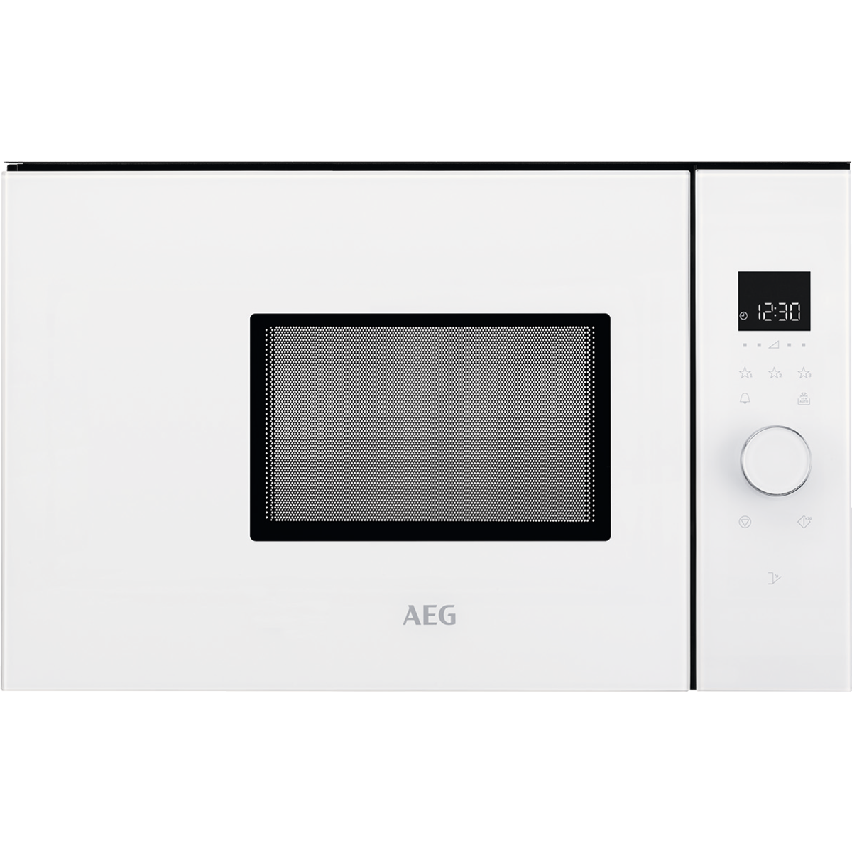 Un forno a microonde AEG bianco con display digitale dell'orologio e manopola di controllo rotonda.