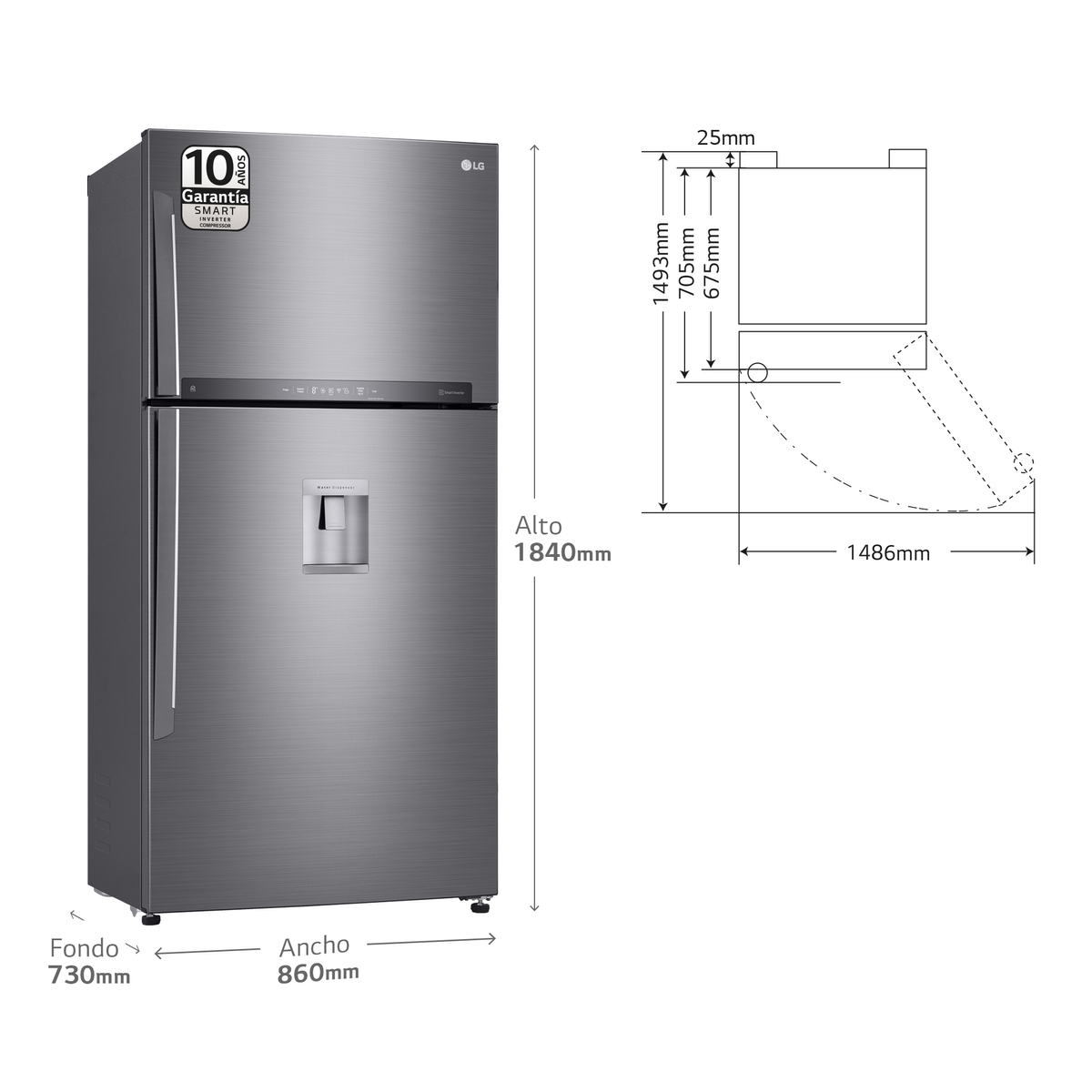 LG GTF916PZPED FRIGORIFERO DOPPIA PORTA, A 184 cm, 1 ripiani, Rumorosità 38 dB(A), Platino, Classe G