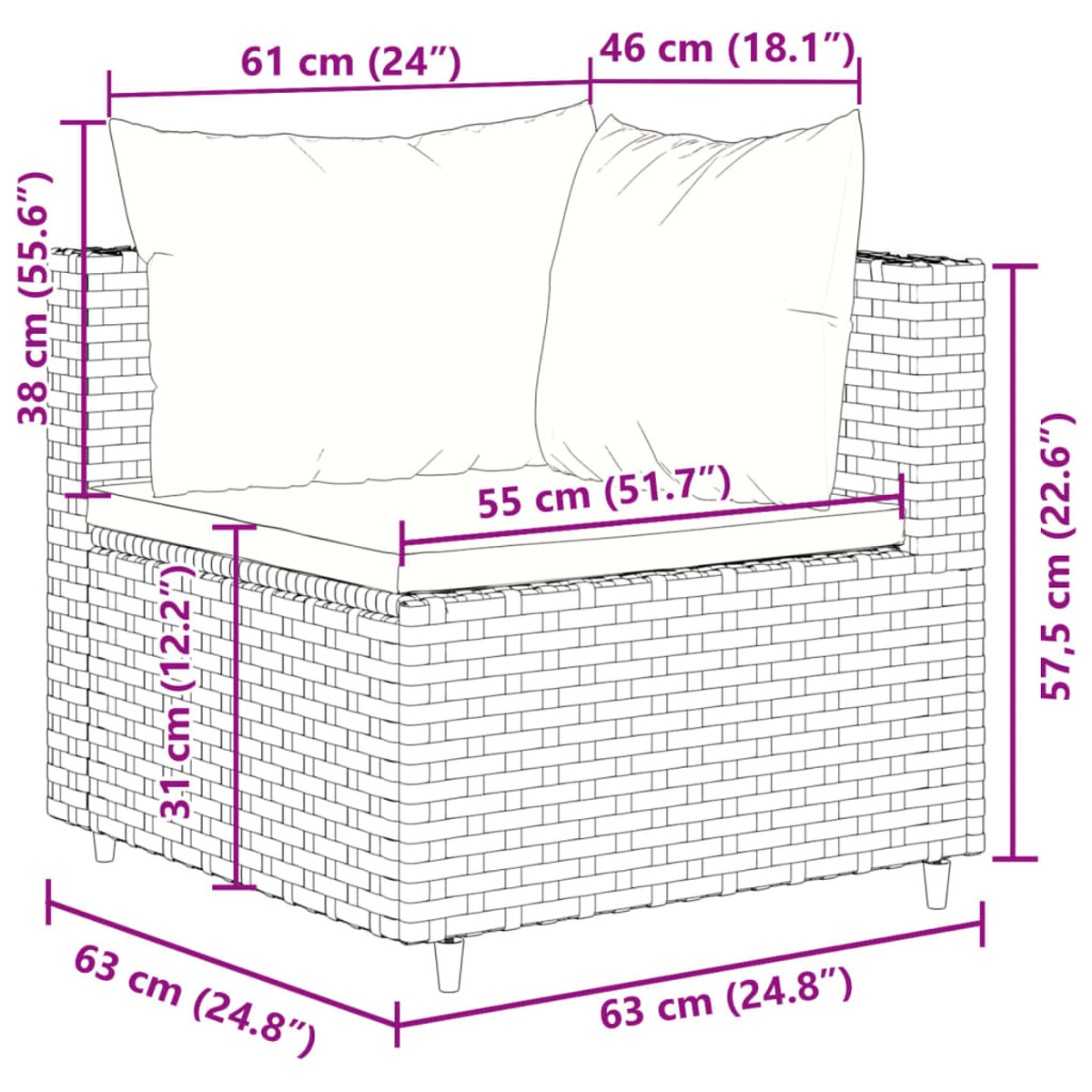 Un divano in vimini con dimensioni etichettate in cm e pollici.