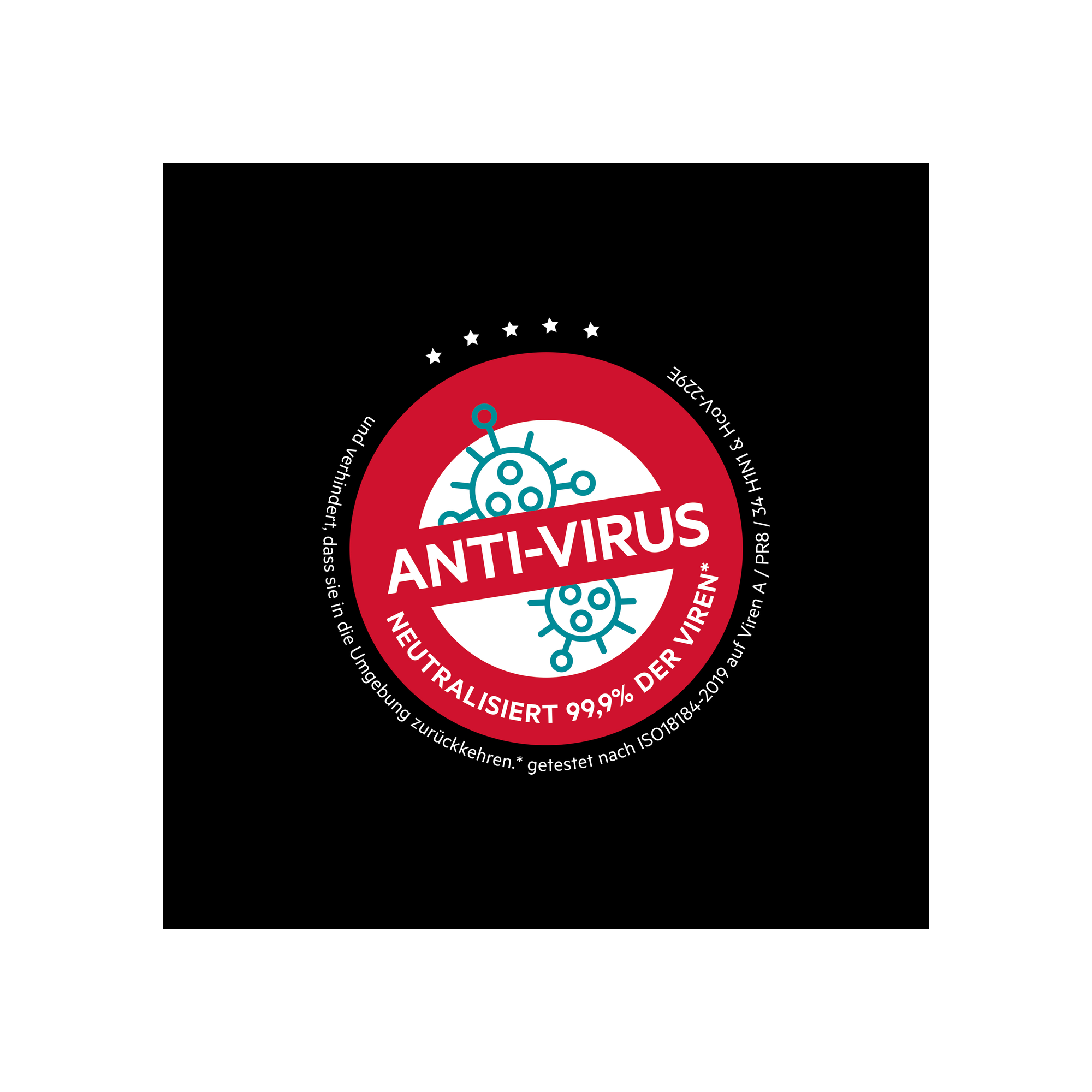 Logotipo antivirus rojo y blanco con texto. Cuatro estrellas arriba. Fondo negro.