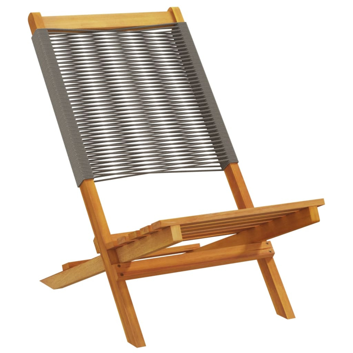Sedia pieghevole in legno con seduta e schienale in tessuto grigio, isolata su sfondo bianco.