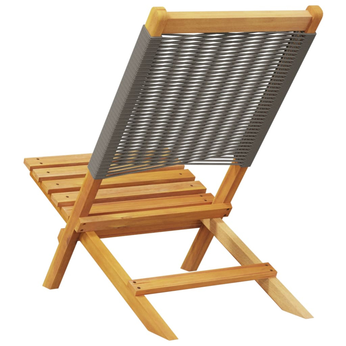 Sedia pieghevole in legno con schienale intrecciato grigio, vista posteriore, su sfondo bianco.