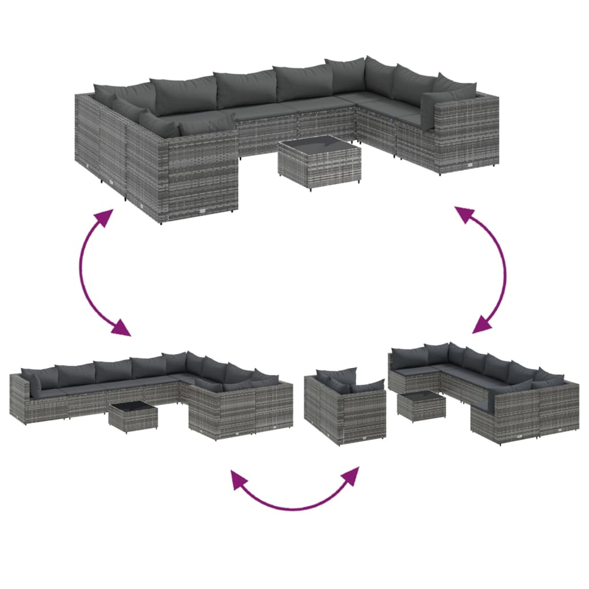 Divano componibile e tavolino in rattan grigio in varie configurazioni.