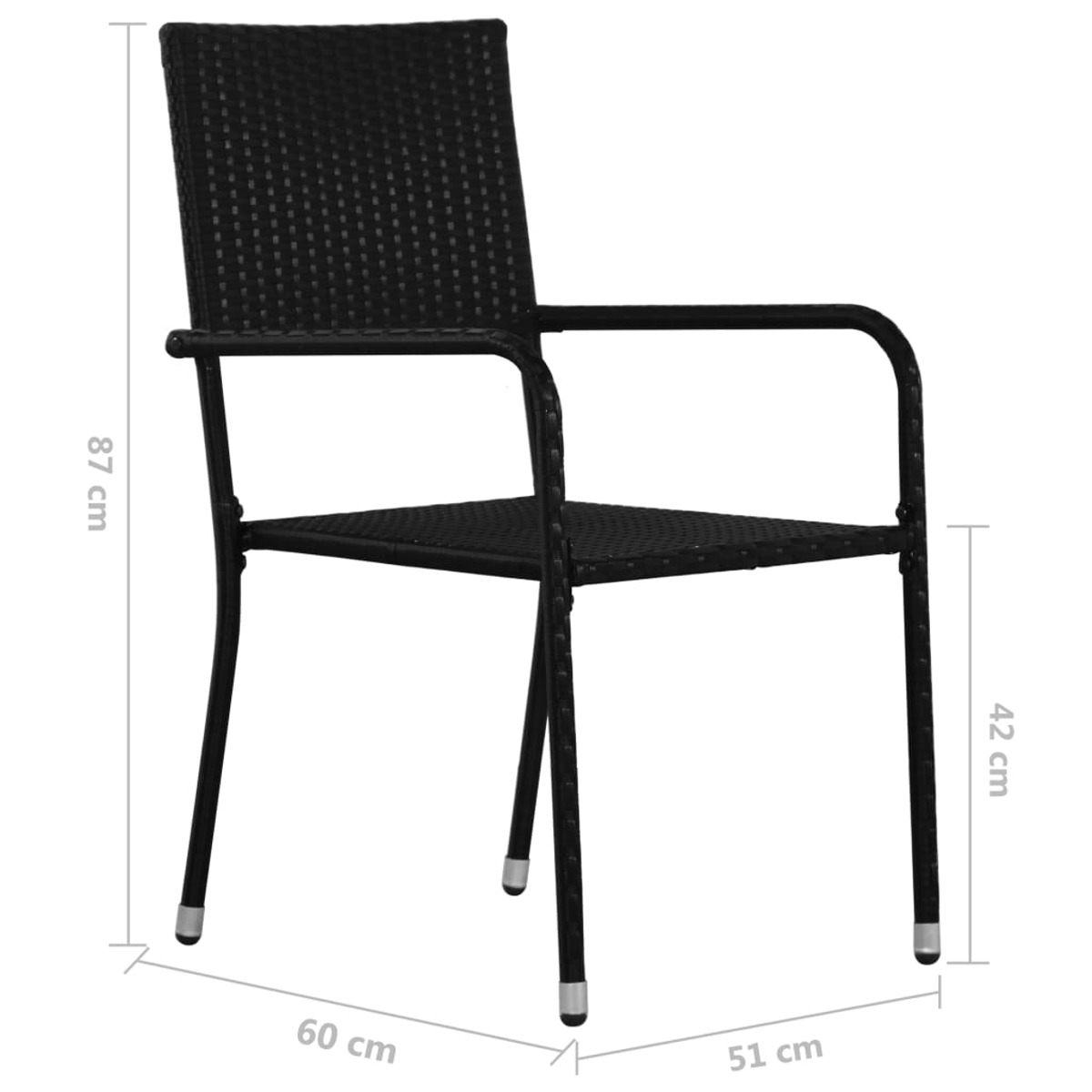 Schwarzer Outdoor-Stuhl mit Maßen: Höhe 87cm, Breite 60cm, Tiefe 51cm.
