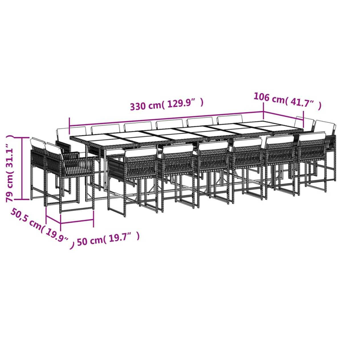 Juego de comedor al aire libre. Una mesa larga con sillas. Las dimensiones están etiquetadas en centímetros y pulgadas.