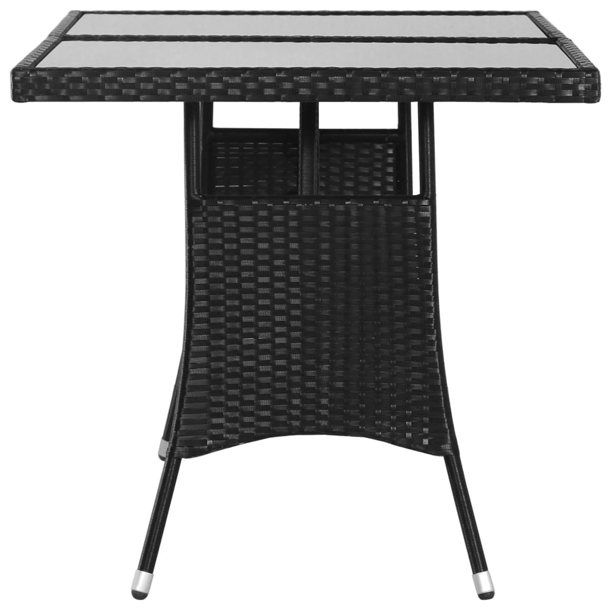 Schwarzer quadratischer Tisch für draußen mit Glasplatte und Korbrahmen. Auf einer Terrasse.