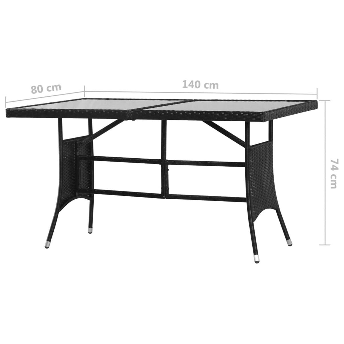 Rechteckiger schwarzer Gartentisch mit Glasplatte und schwarzen Beinen, mit Maßen.