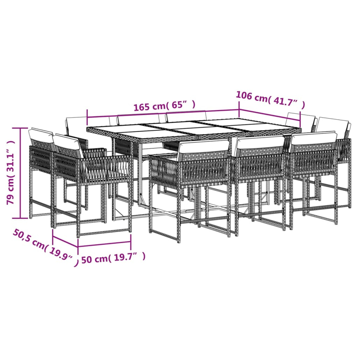 Juego de comedor al aire libre con mesa grande y ocho sillas, dimensiones etiquetadas.