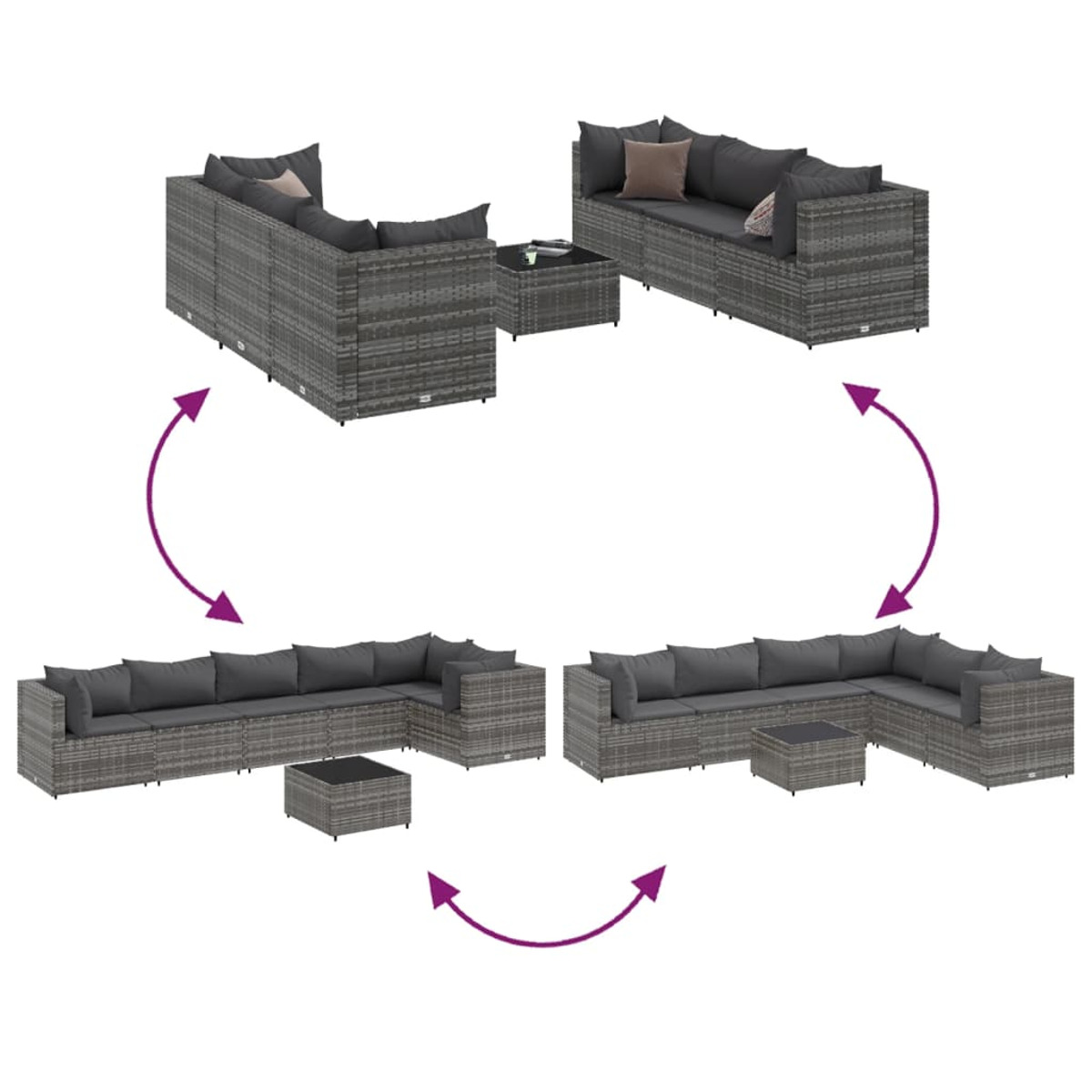 Diversi divani grigi da esterno disposti in diverse configurazioni, con un tavolino. Le frecce mostrano i possibili layout.