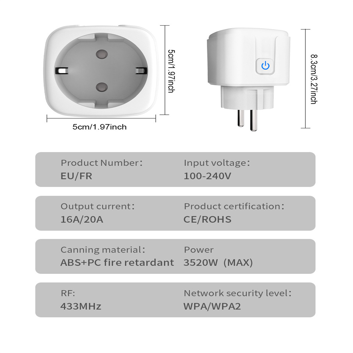 Weißer Smart Plug mit Maßen und Spezifikationen. Enthält Spannung, Strom und Produktdetails.
