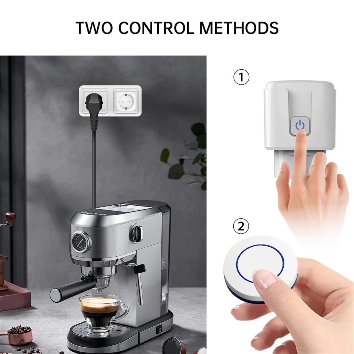Eine Espressomaschine mit einer Tasse Kaffee steht neben einer Steckdose. Zwei Steuerungsmethoden werden gezeigt.