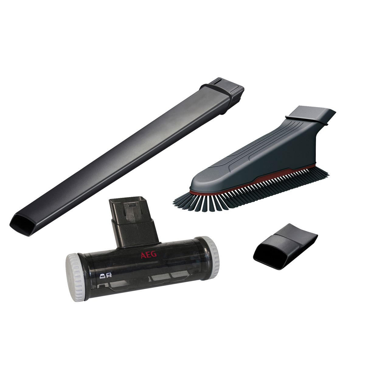 Różne czarne nasadki do odkurzacza ułożone na czarnym tle. Różne kształty i rozmiary.