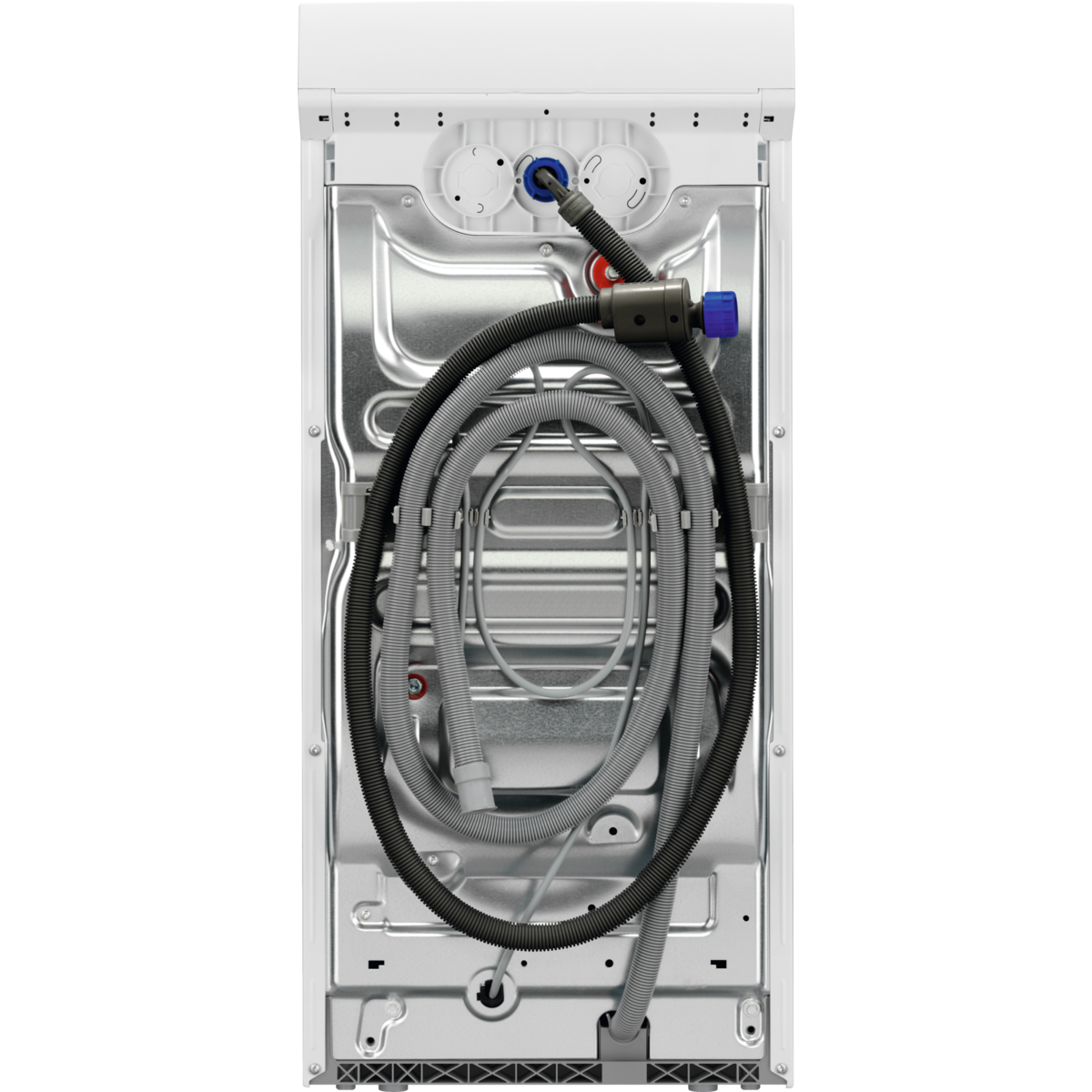 Tył białej pralki, pokazujący węże, rury i inne elementy wewnętrzne.