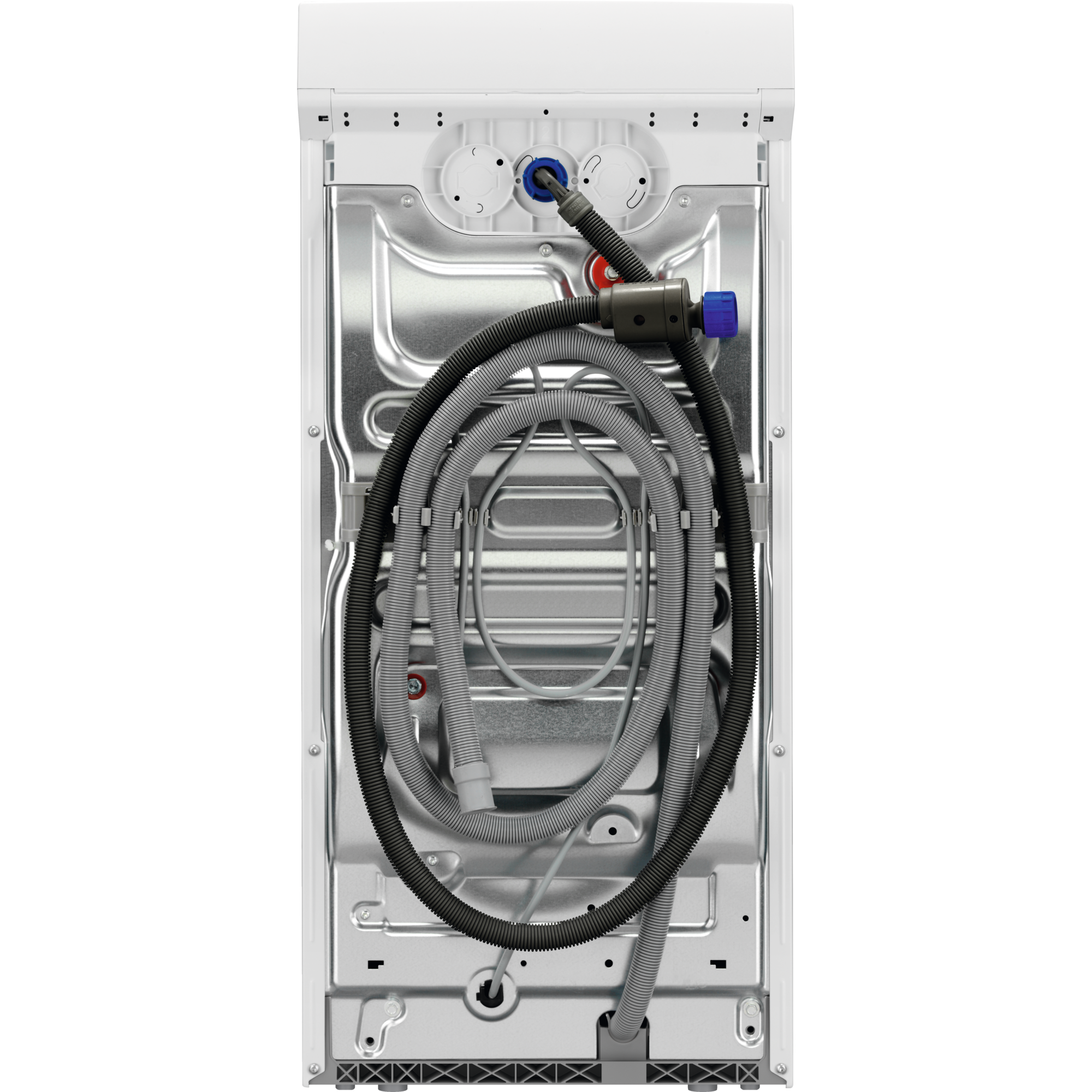 Tył pralki z widocznymi rurami i wężami.