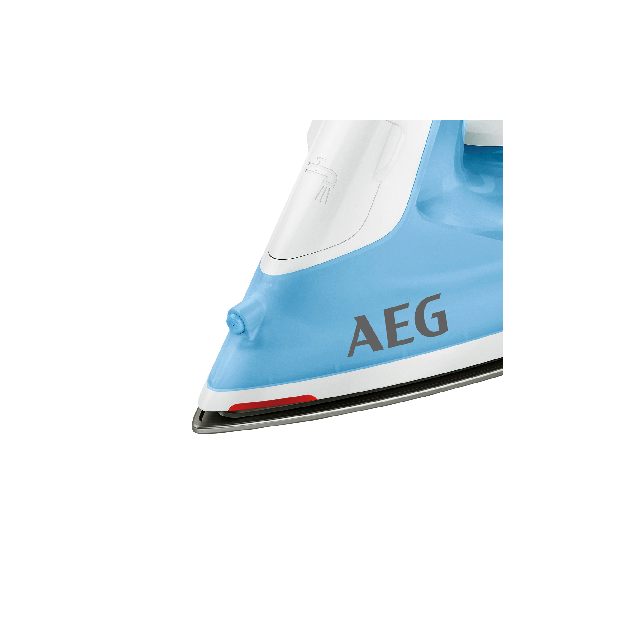 Niebiesko-białe żelazko AEG. Widok z bliska, pokazujący przednią część.