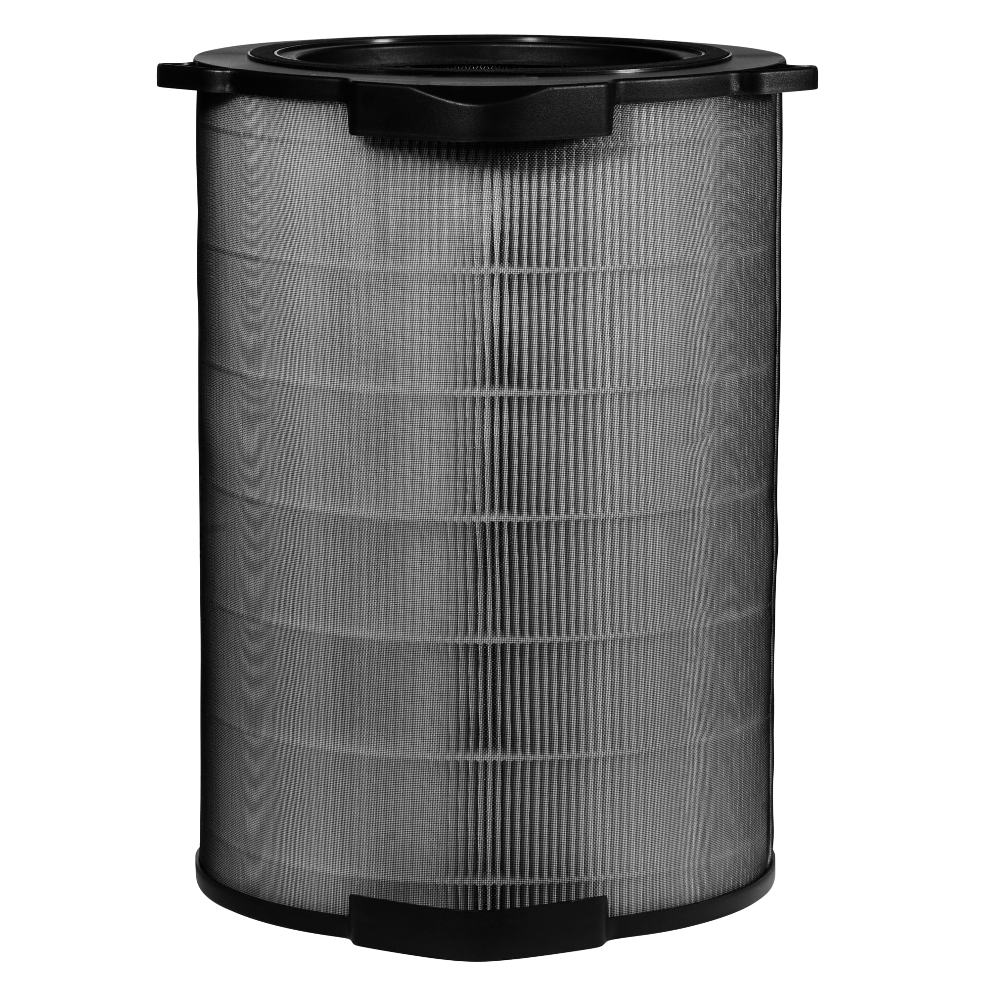 Ein zylindrischer Luftfilter mit Falten. Die Ober- und Unterseite sind schwarz, mit einem schwarzen Griff oben.