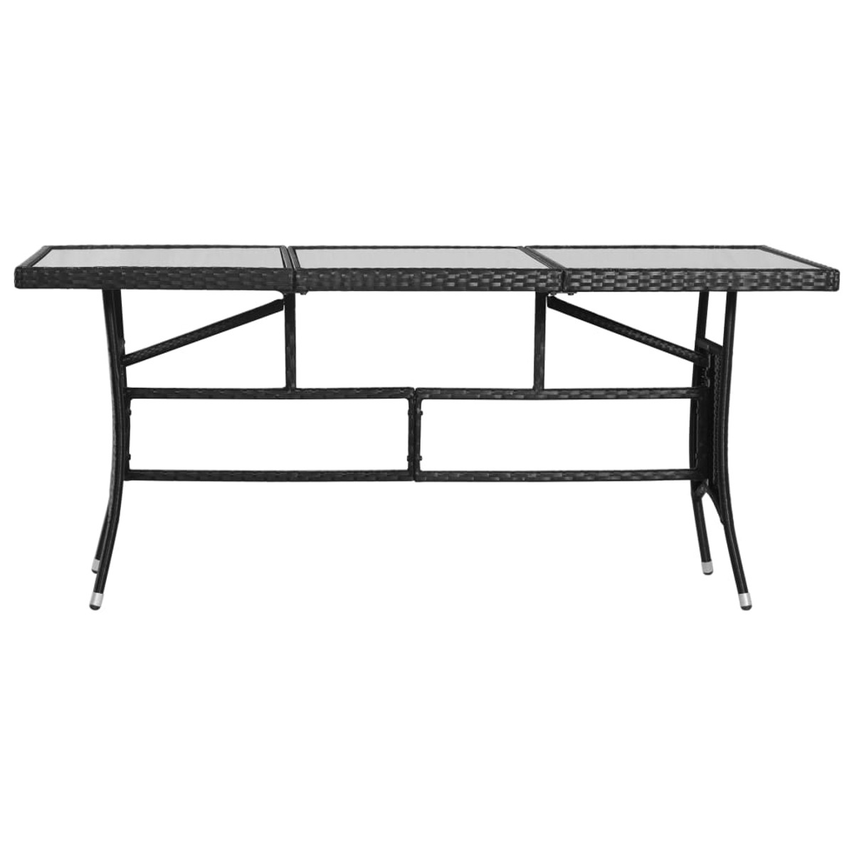 Tavolo da esterno nero con piano in vetro. Ha un design intrecciato ed è probabilmente in vimini.