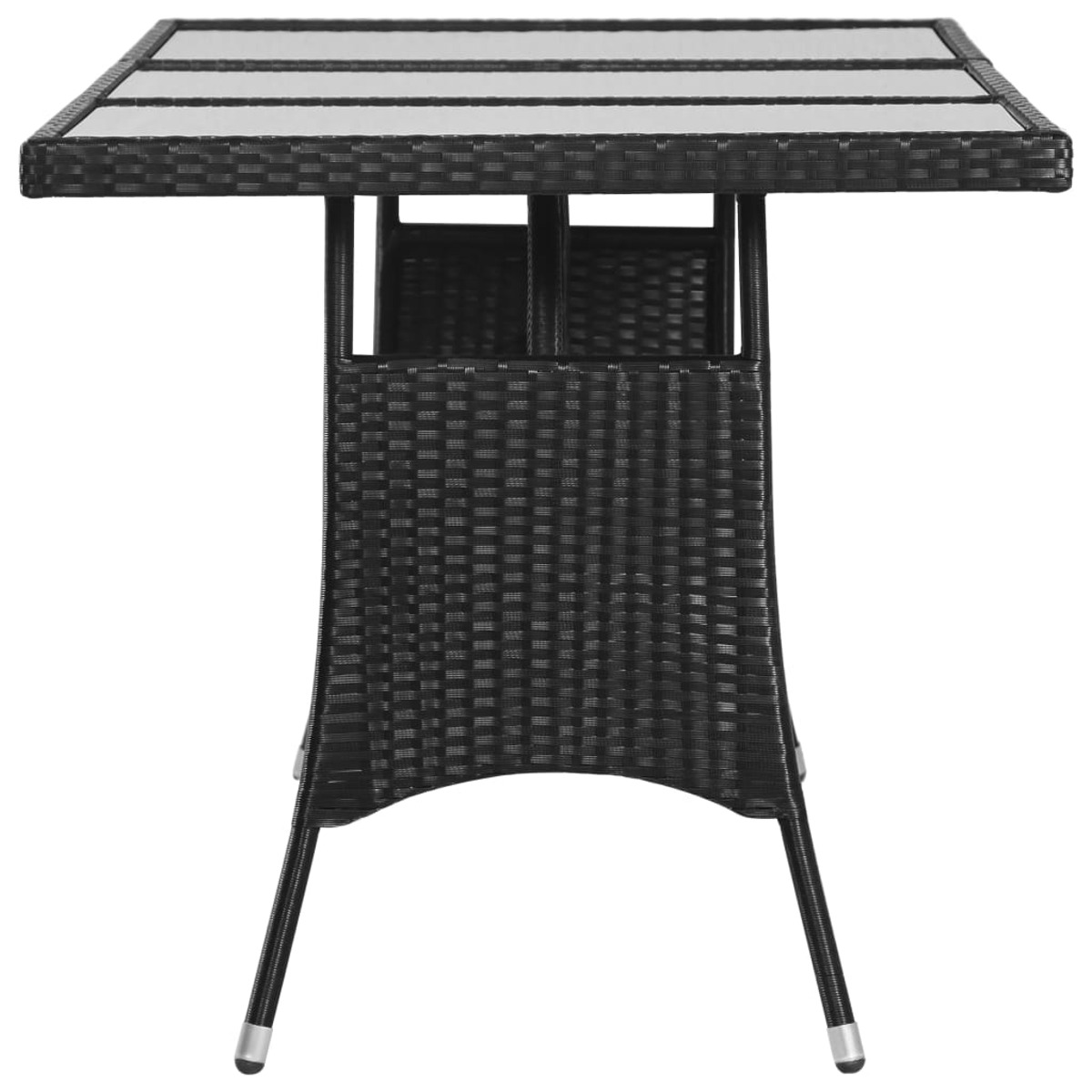 Tavolo in vimini nero con piano in vetro. Il tavolo ha un design semplice e moderno.