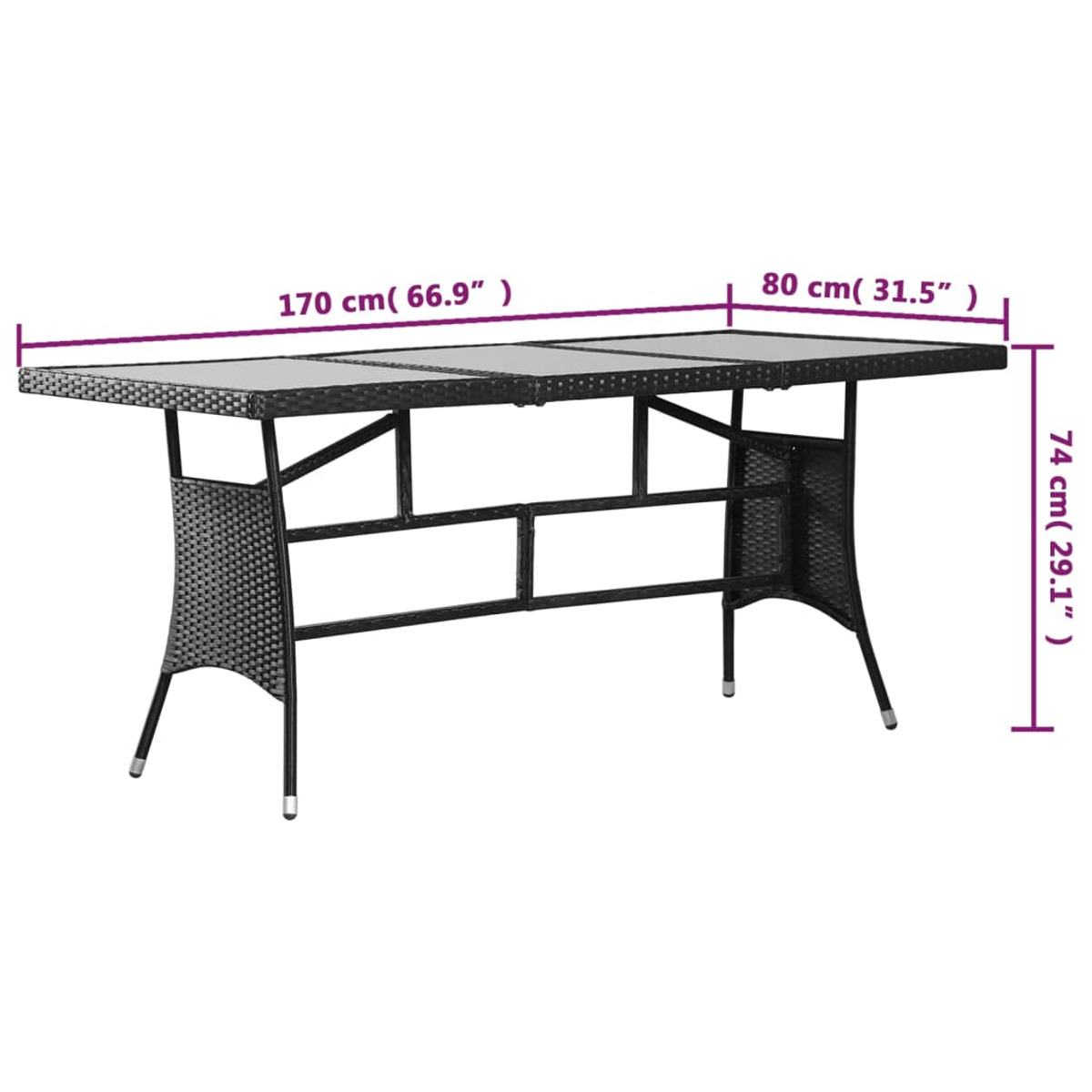Tavolo da esterno nero con piano in vetro. Vengono visualizzate le misure. Tavolo stile rattan con dimensioni.