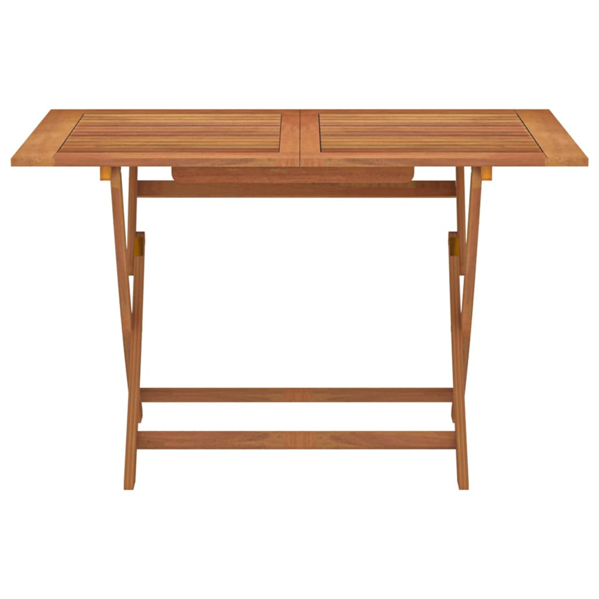 Tavolo pieghevole in legno. Il piano del tavolo è composto da due pannelli rettangolari.
