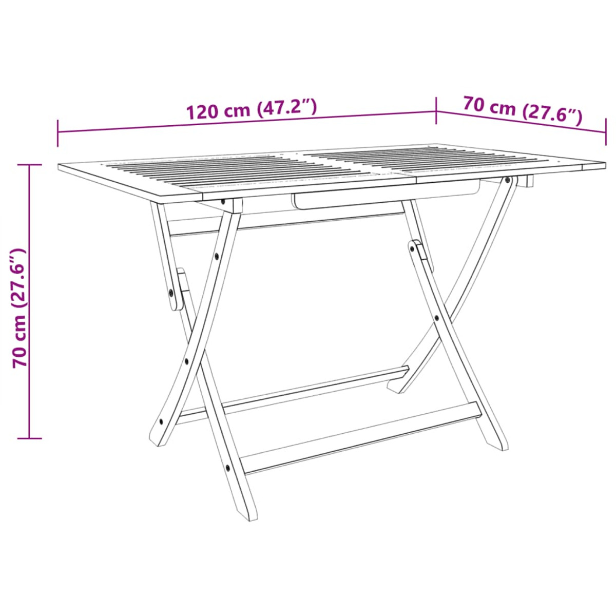 Un tavolo pieghevole in legno, con dimensioni indicate. Il tavolo è marrone e in legno.