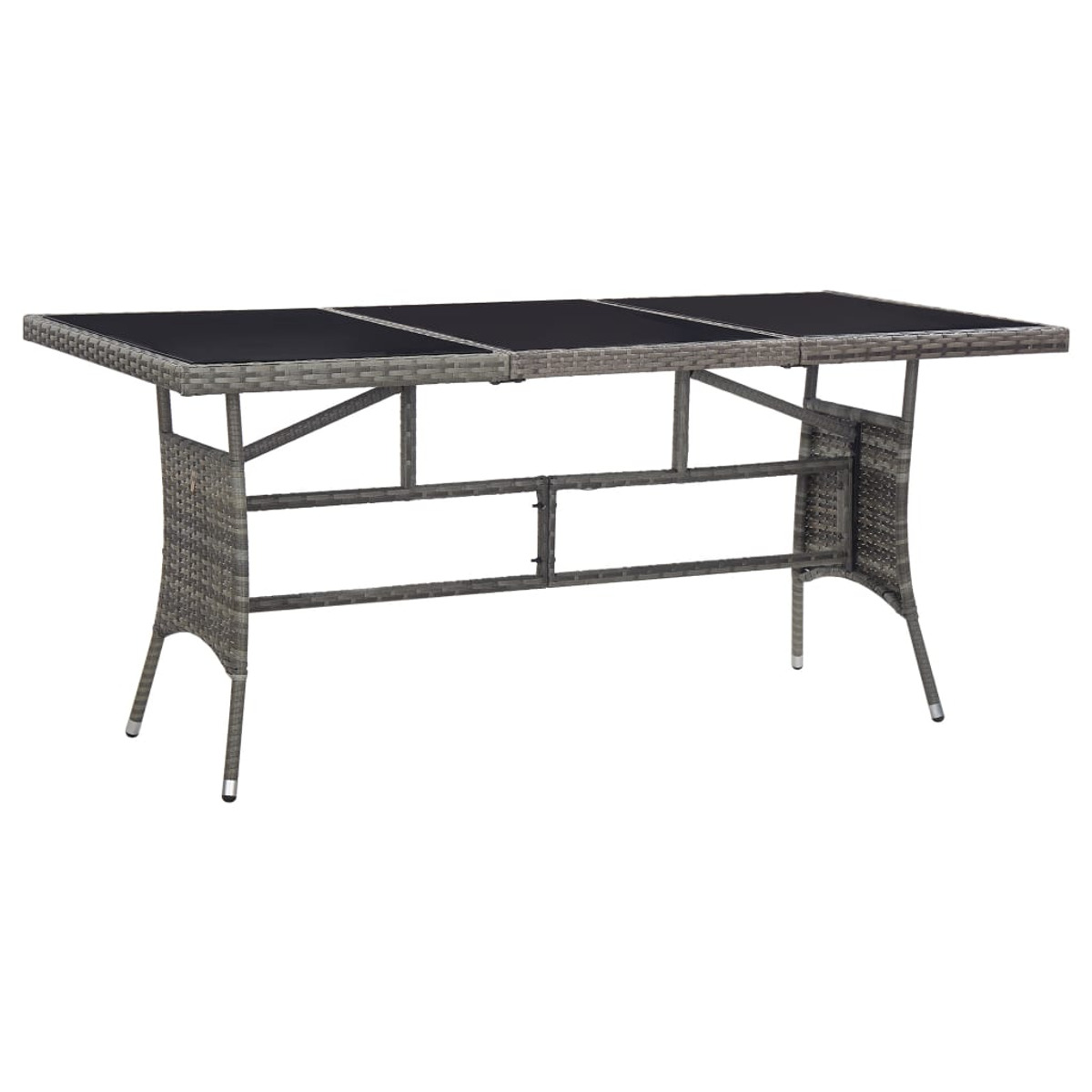 Tavolo da esterno grigio con piano nero. Il tavolo ha un design in rattan e gambe in metallo.