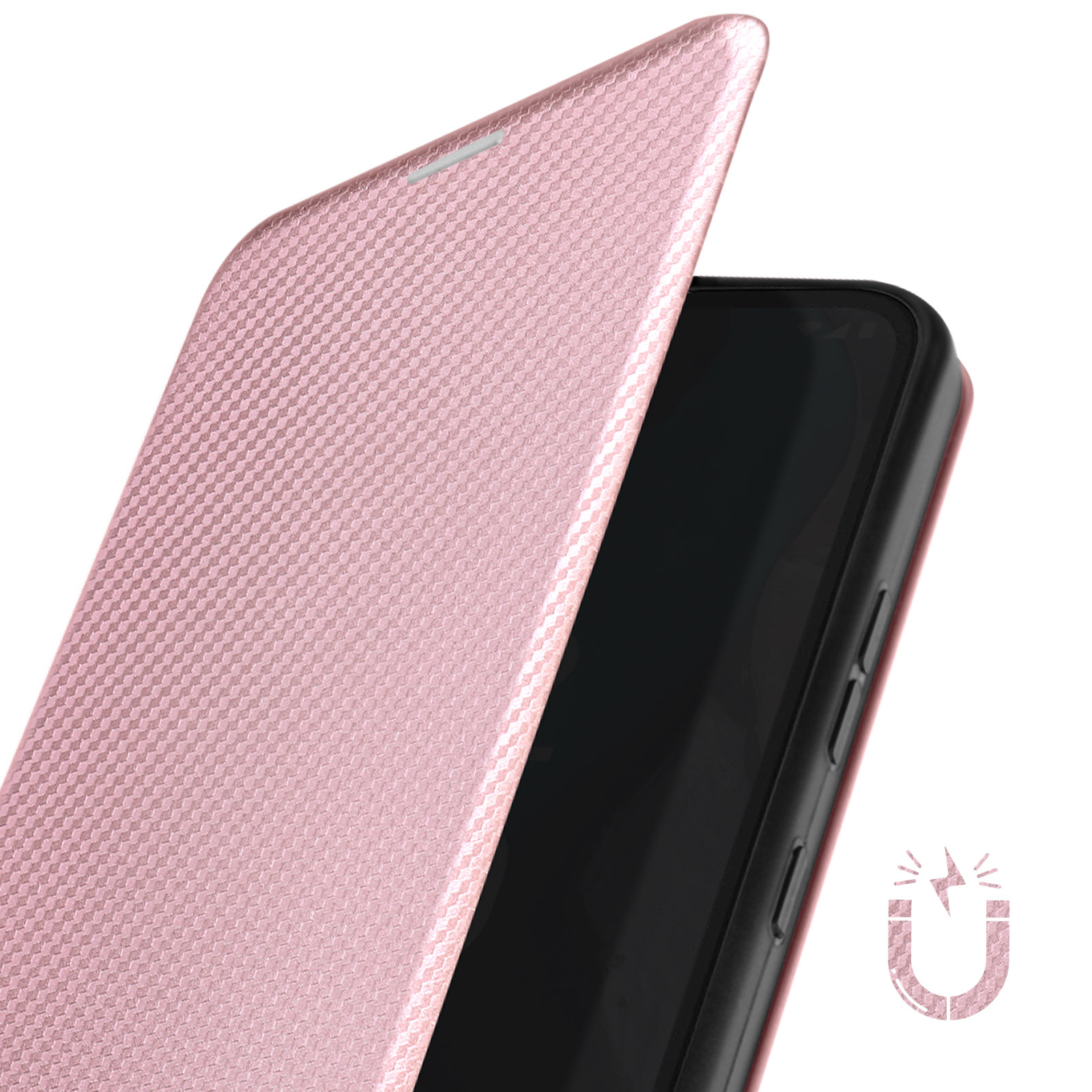 Custodia rosa del telefono aperta, che rivela un telefono nero. La custodia ha un motivo strutturato.