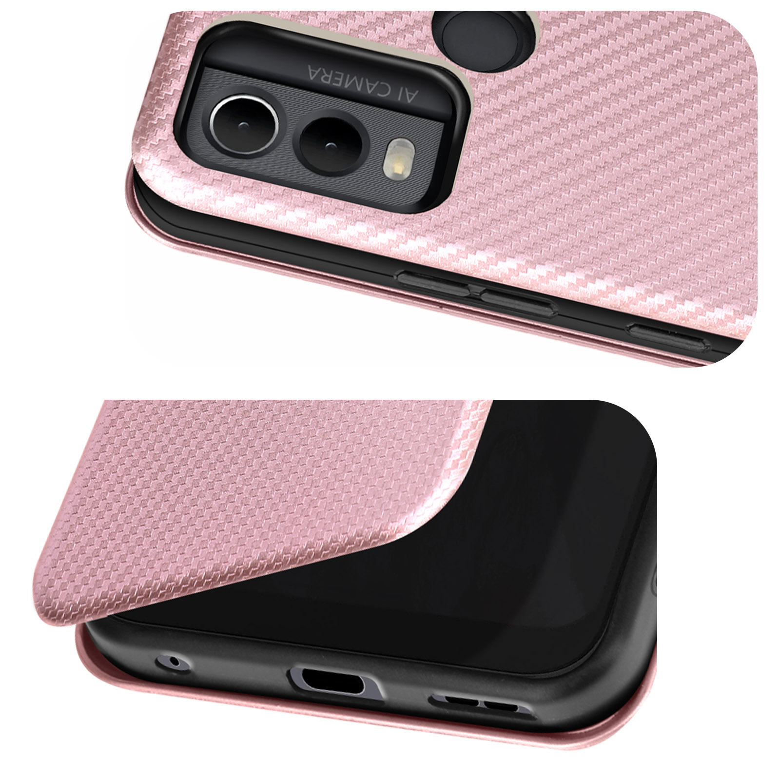 Primo piano di una custodia per telefono rosa con superficie strutturata e ritaglio per fotocamera.