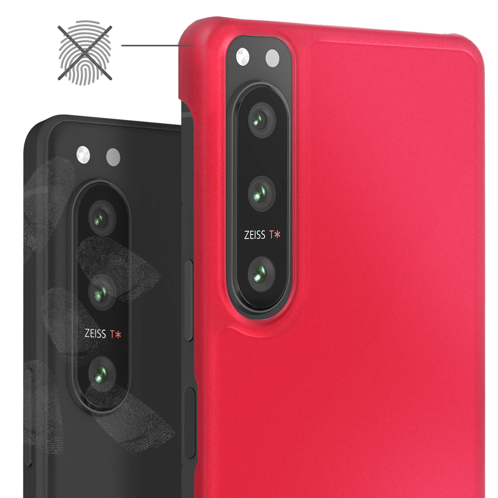 Zwei rote und schwarze Handyhüllen mit Zeiss-Logo, mit Icons für Fingerabdruckschutz.