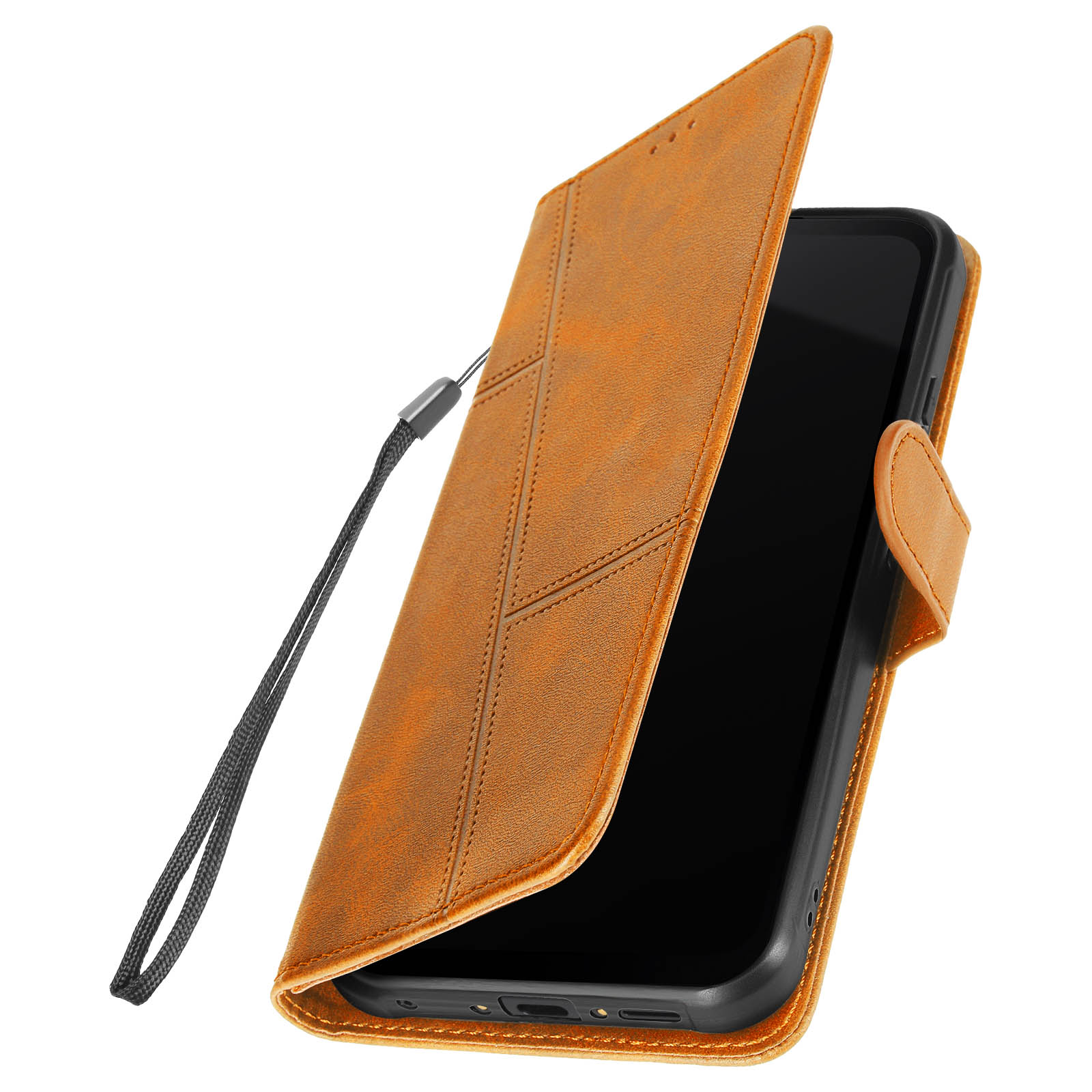 Braune Leder-Handyhülle mit Telefon. Geöffnet, mit Riemen. Schwarzer Telefonbildschirm.