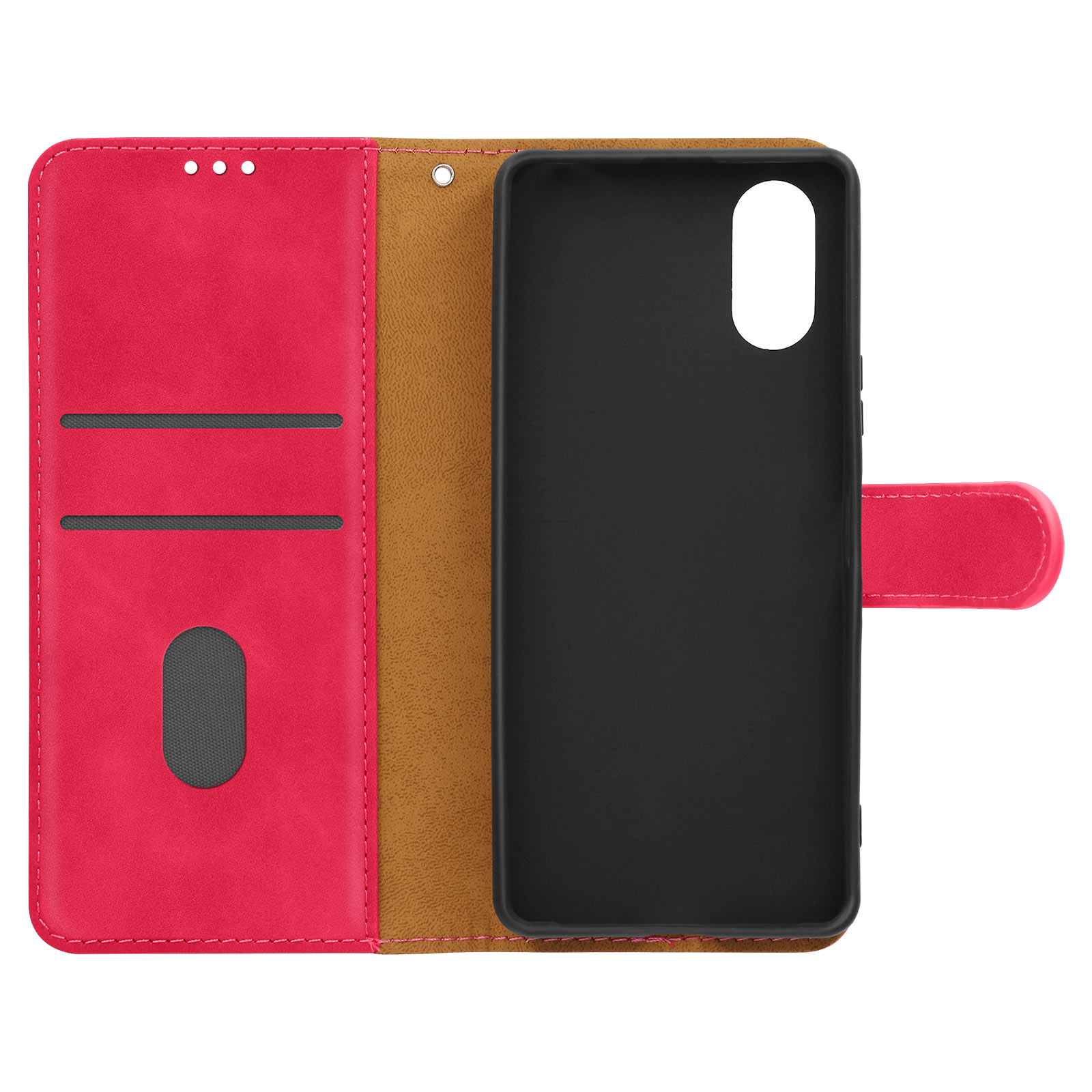 Rotes Brieftaschen-Handy-Etui, geöffnet, um braunen Innenraum, Telefonhalter und Kartenfach freizugeben.