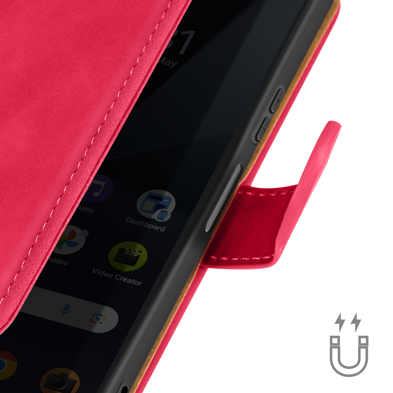 Nahaufnahme einer roten Handyhülle mit einem Handy darin. Das Handy hat Symbole auf dem Bildschirm.
